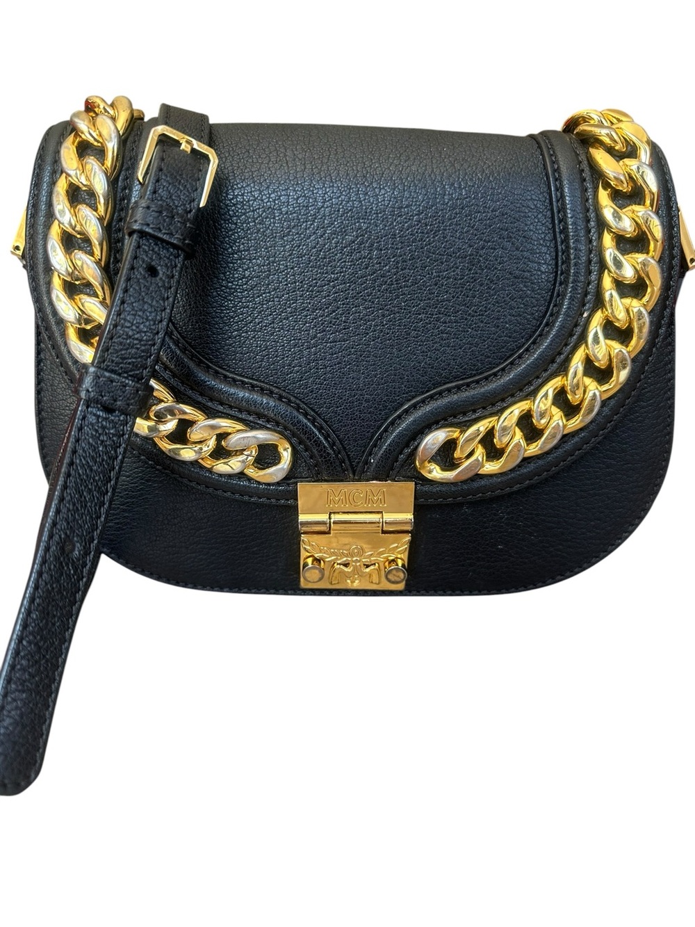 MCM Black Leather Crossbody Bag with Gold Chain Trim